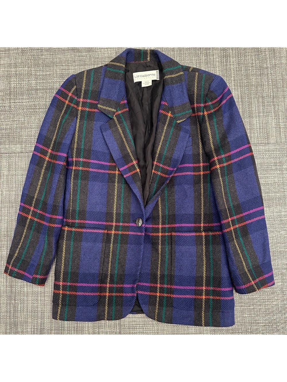 Vtg Liz Claiborne Wool Blazer Women 2P Purple Multicolor Plaid Old Money Luxury